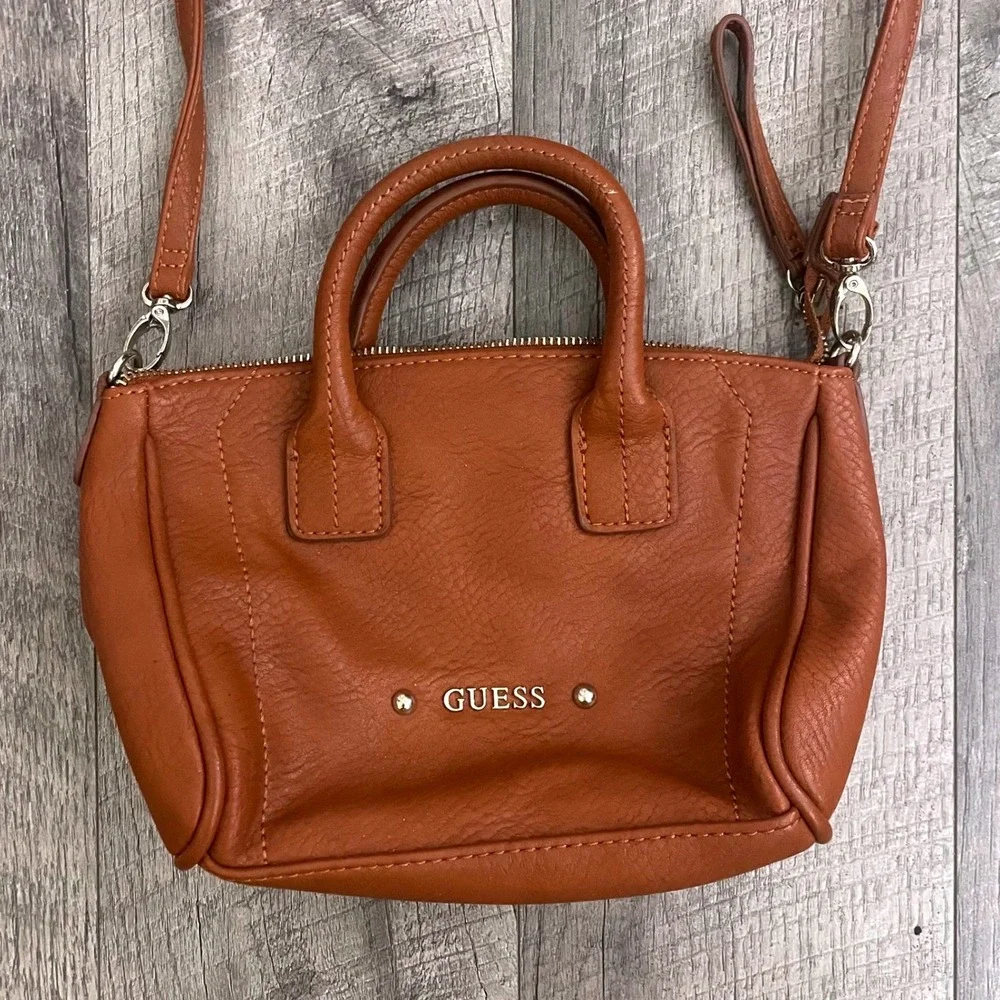 Guess Mini Crossbody Satchel Bag Cognac Brown Pebbled‎ Faux Leather Lining